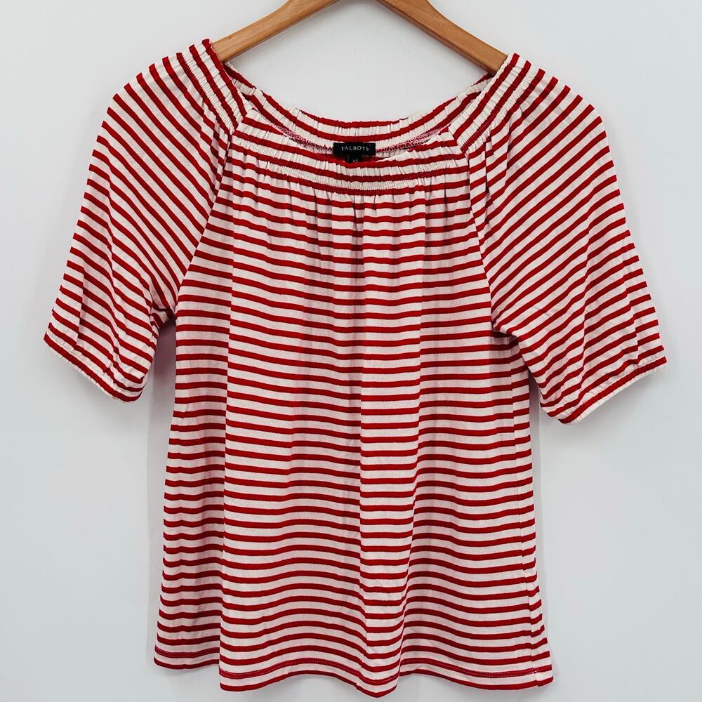 Talbots Red & White Striped Round Neck on or off Shoulder Top Blouse Womens XS